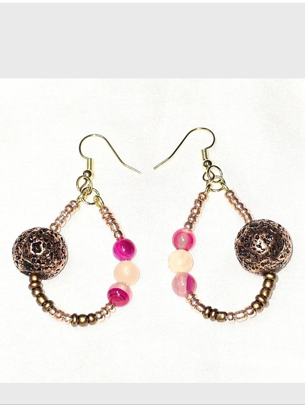 Bohemian Earthy Pink Agate Beaded Teardrop Dangling Old Rose Pink Earrings